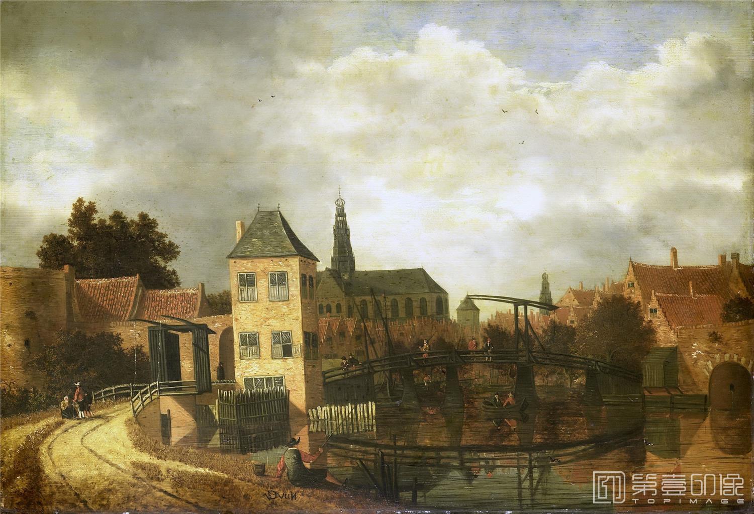 油画-荷兰阿姆斯特丹国家美术馆-Veen Balthasar van der Gezicht op de stad Haarlem over het Spaarne bij de Eendjespoort 1650-1659-1730